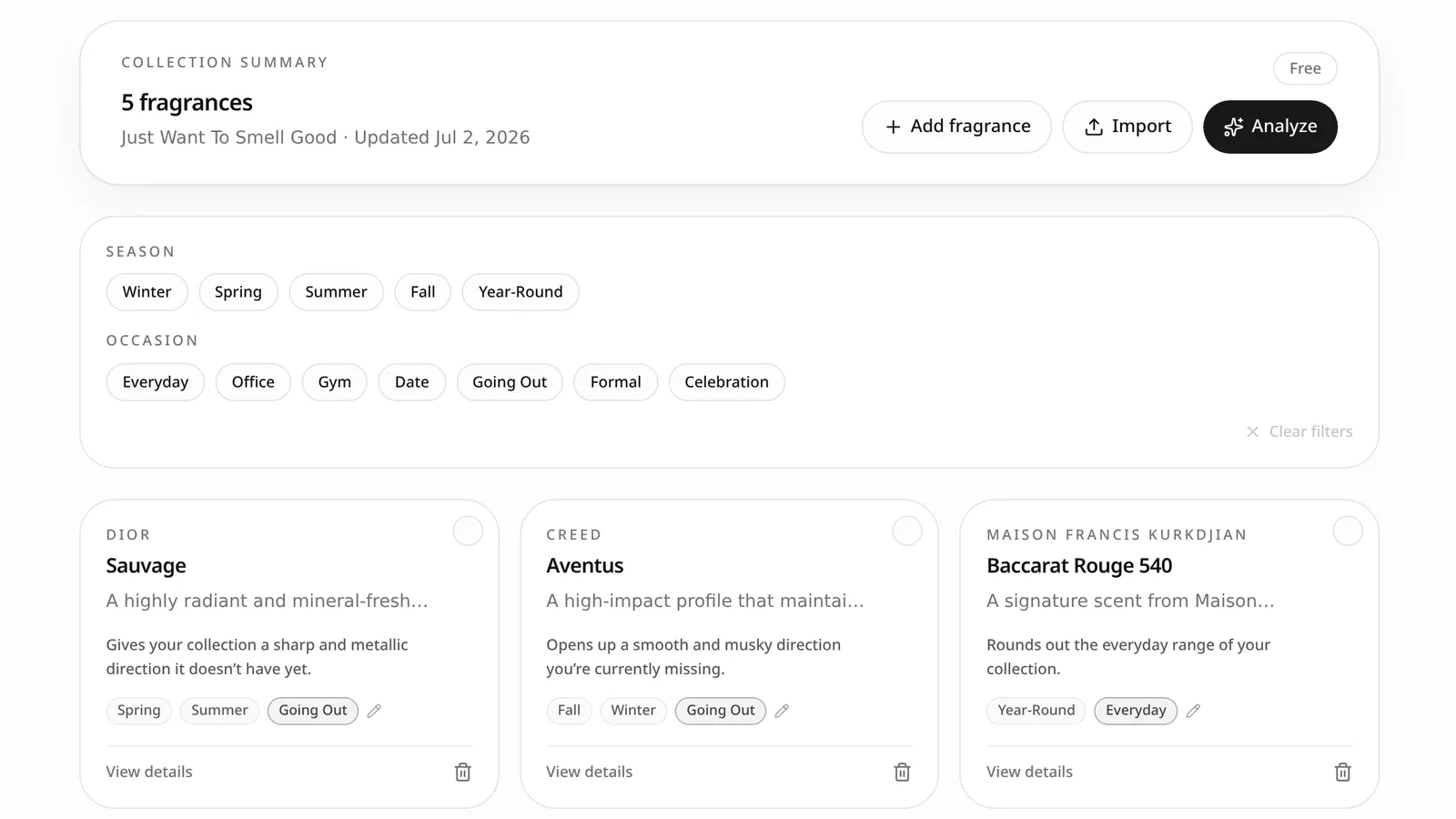 Signed-in Fragrance Compass Collection page with the collection summary, season and occasion filters, and fragrance cards for Dior Sauvage, Creed Aventus and Maison Francis Kurkdjian Baccarat Rouge 540.