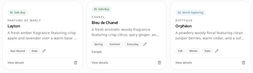 Fragrance Compass Wishlist showing three saved fragrances — Diptyque Orphéon, Chanel Bleu de Chanel and Parfums de Marly Layton — each with a saved confidence score.